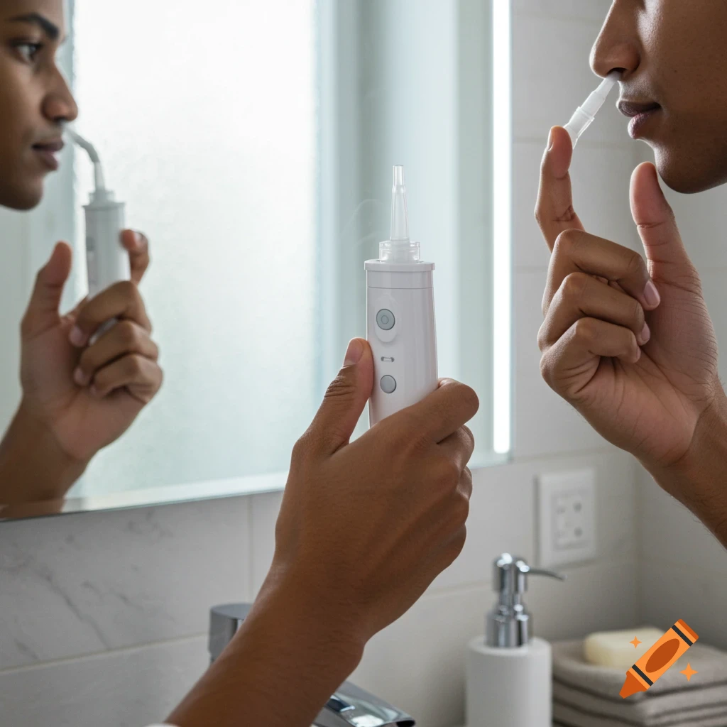A person in a bathroom holds a white nasal irrigator, inserting its tip into their right nostril while looking into a mirror.