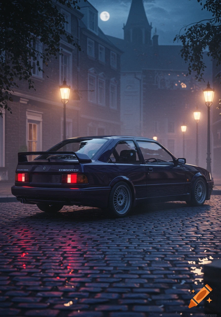 A midnight purple Sierra Cosworth parked on a cobblestone street at night, illuminated by streetlights.