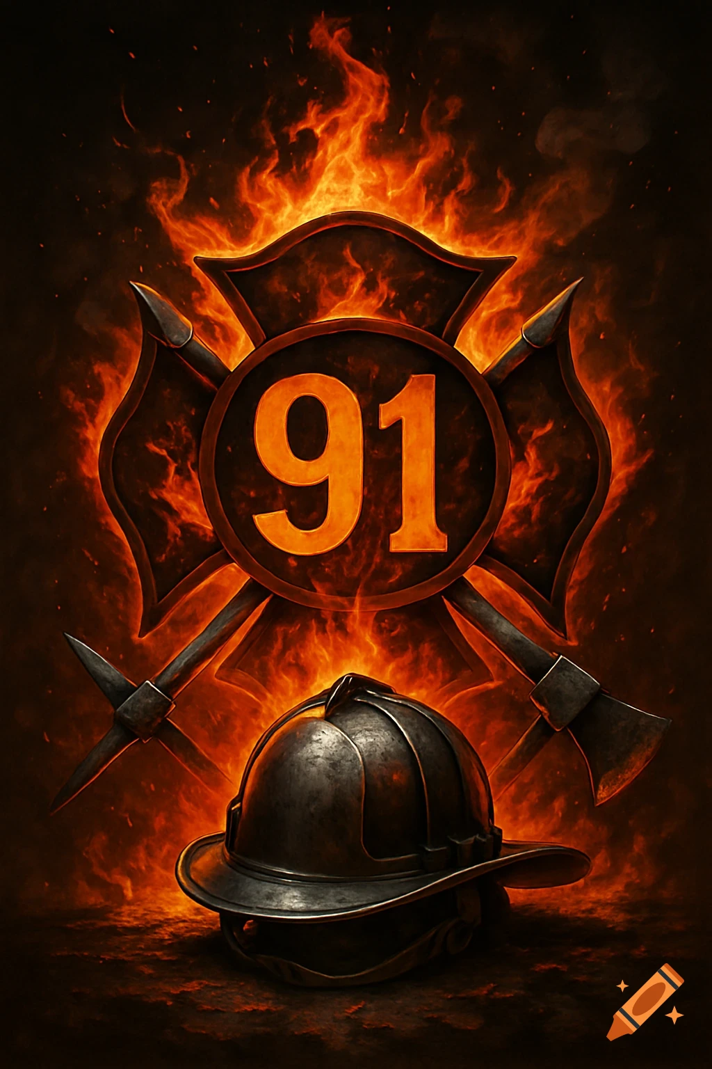 A firefighter's Maltese cross with the number 91, a helmet, and tools surrounded by flames.