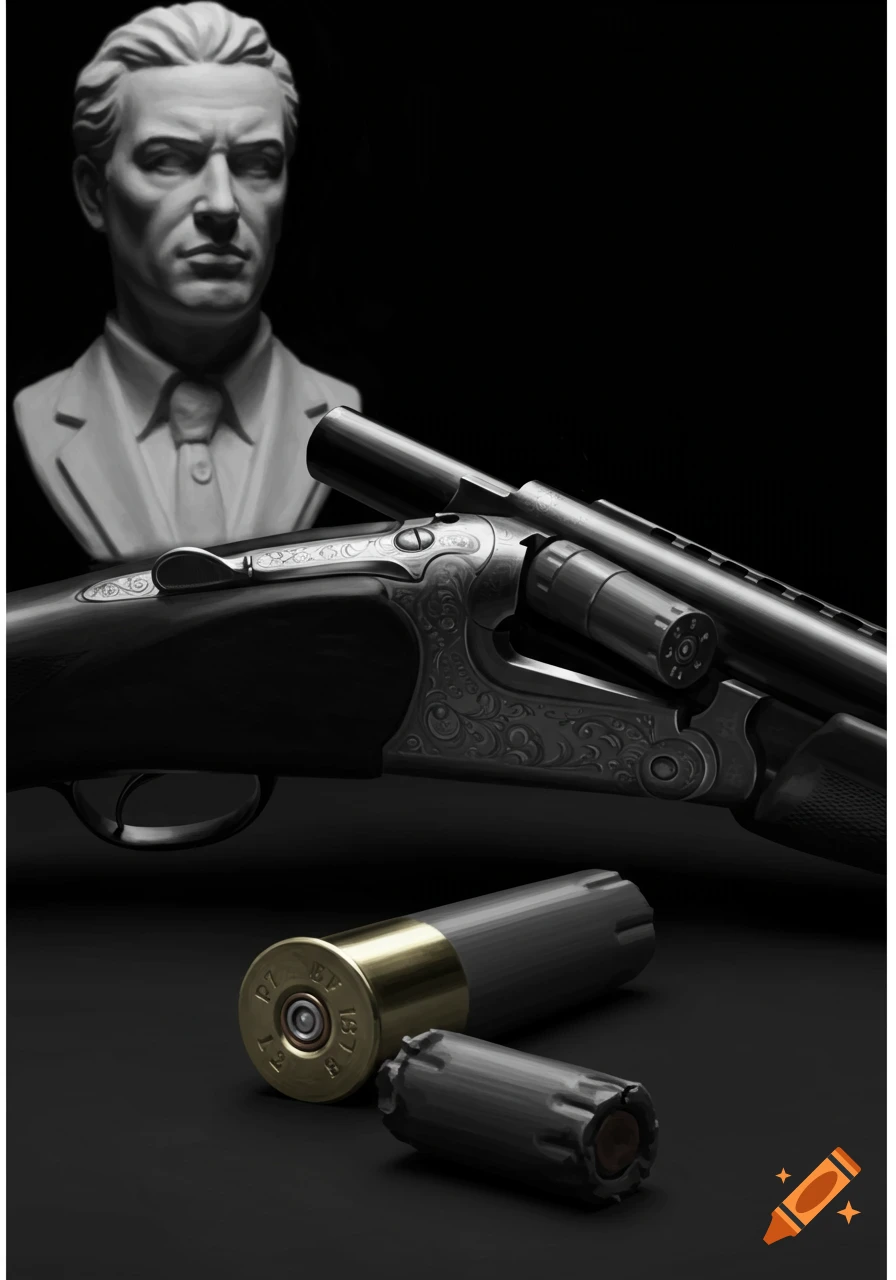 Monochrome still life of an open shotgun, shotgun shells, and a male bust, in a high-contrast, film-noir style.