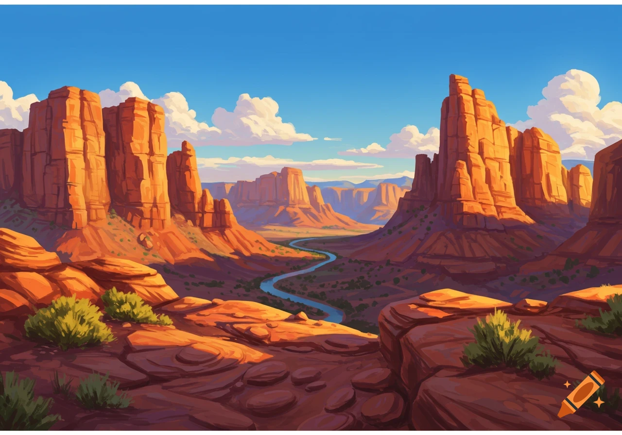 An illustrative landscape of a vast red rock canyon with a winding blue river under a clear blue sky with fluffy white clouds.