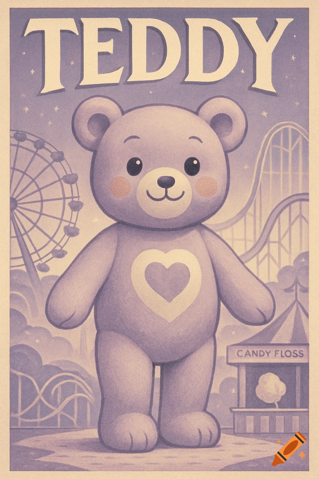 1930s style poster featuring a light purple teddy bear with a heart at a theme park, titled TEDDY.