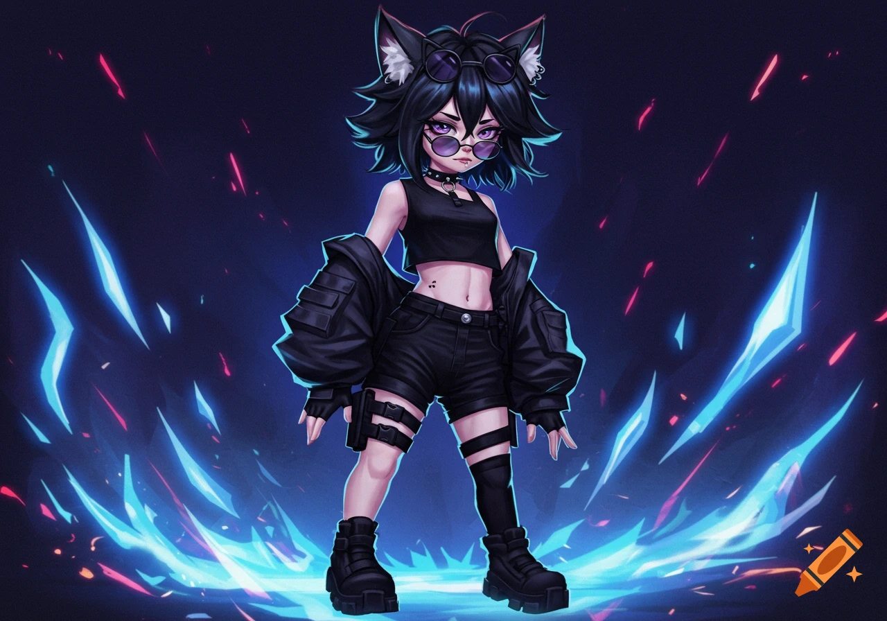 Anime-style character with black messy hair, cat ears, sunglasses, purple eyes, black crop top, jacket, shorts, and boots, standing amidst blue and red energy sparks.