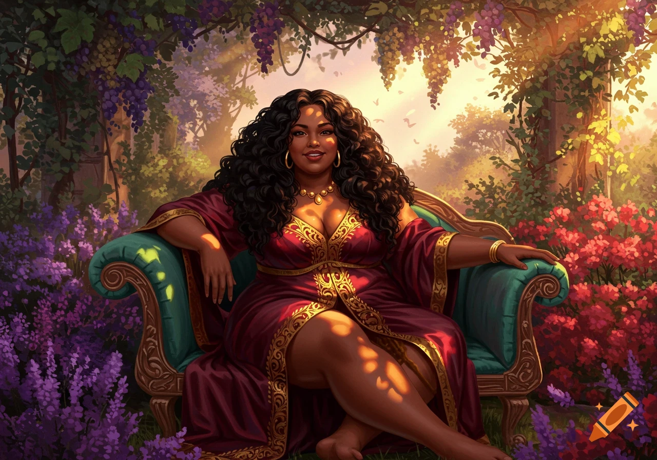 A dark-skinned woman with curly hair in a red and gold dress sits on a teal couch in a lush, sunlit garden with flowers.