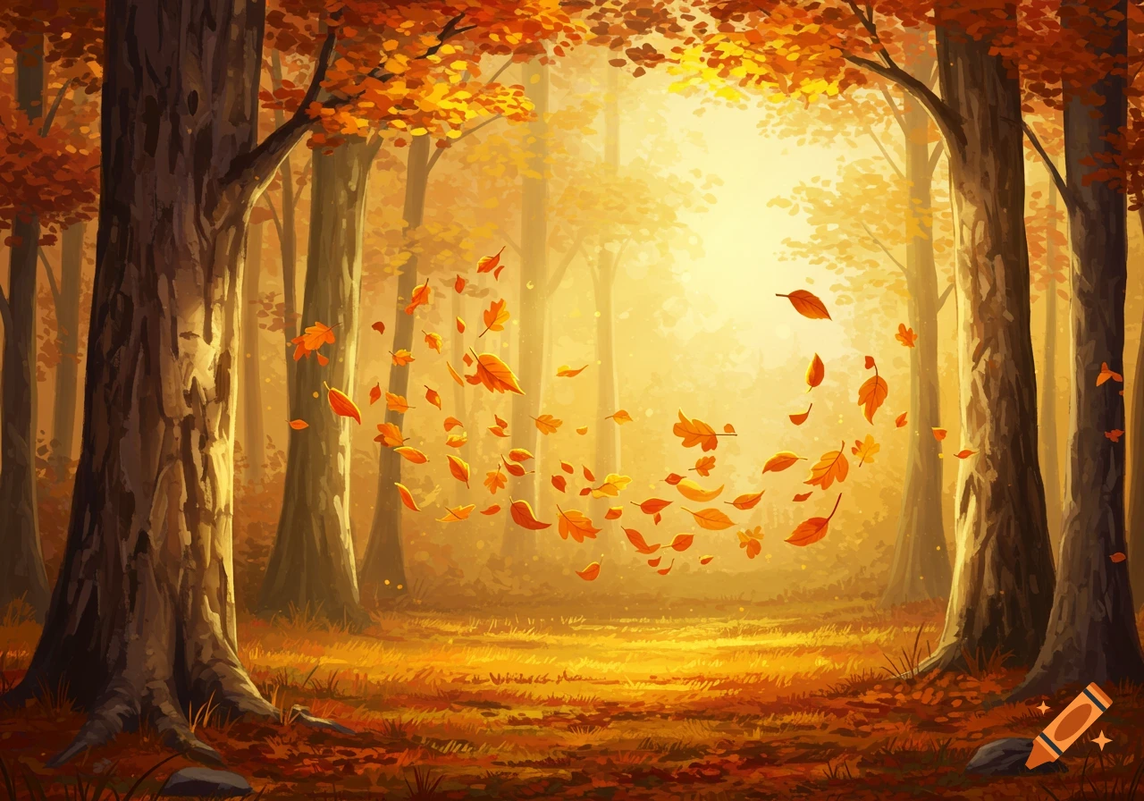 Vibrant autumn forest with golden sunlight filtering through trees and orange leaves falling to the ground.