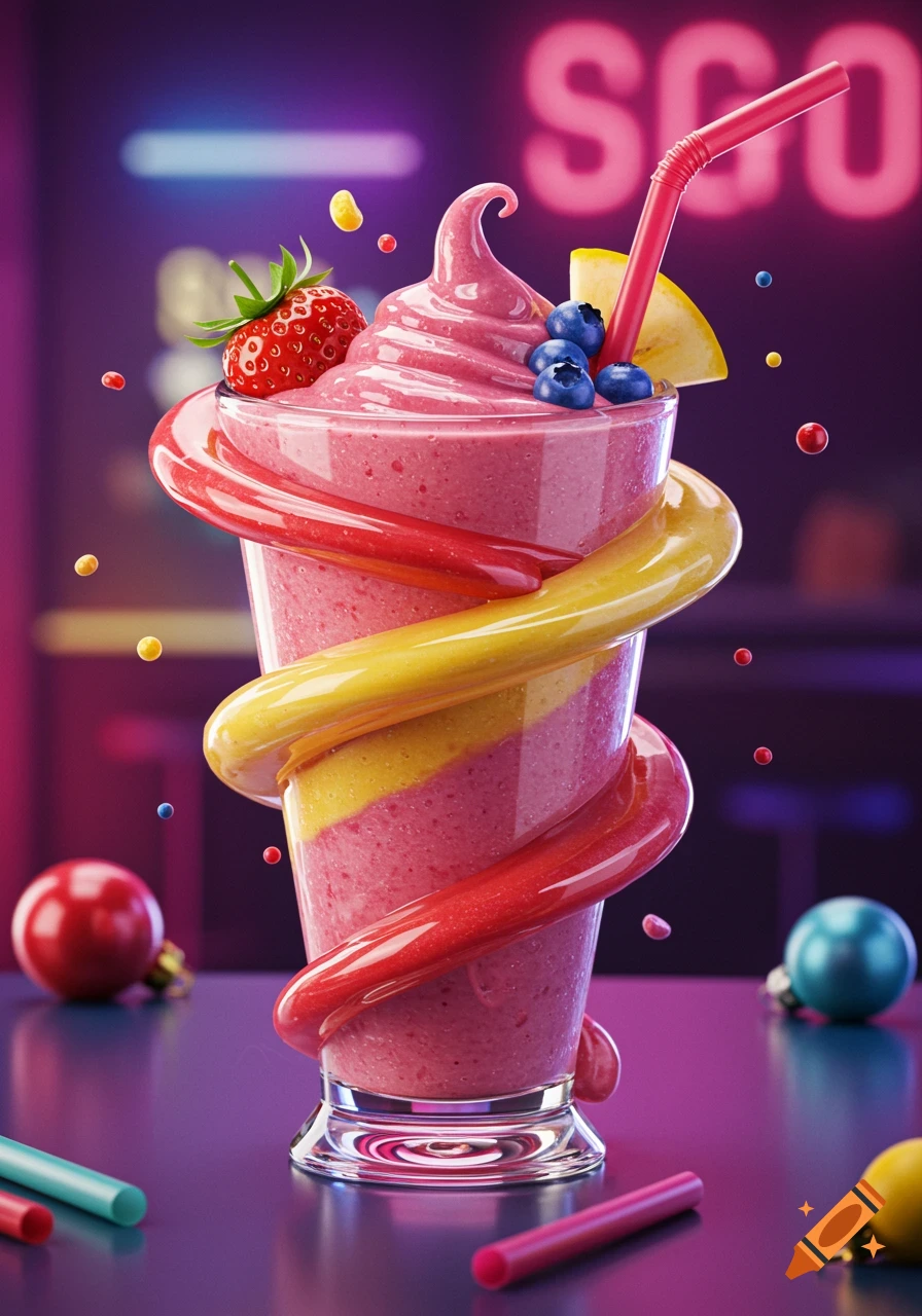 A vibrant pink smoothie with whipped topping, a strawberry, blueberries, and a lemon slice, wrapped with red and yellow swirls, against a neon background.