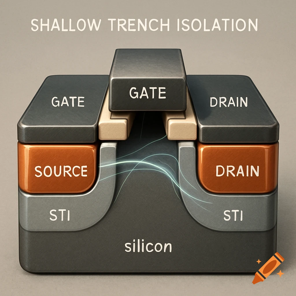 Cross-section diagram of a semiconductor device with labeled parts including GATE, SOURCE, DRAIN, STI, and silicon, illustrating shallow trench isolation.
