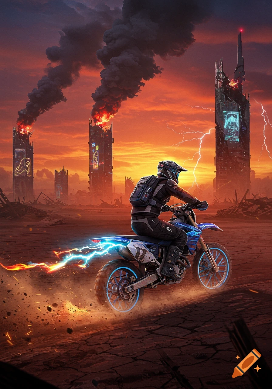 A motorcyclist rides a futuristic dirtbike with glowing blue effects through a desolate, apocalyptic landscape with burning, ruined skyscrapers under an orange sky with lightning.