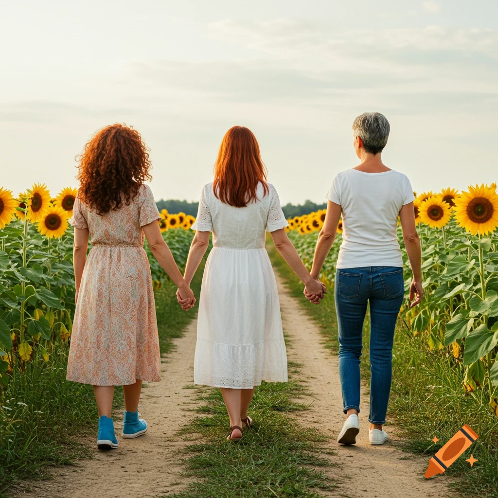 Three women holding hands walk away on a dirt path through a field of blooming sunflowers.