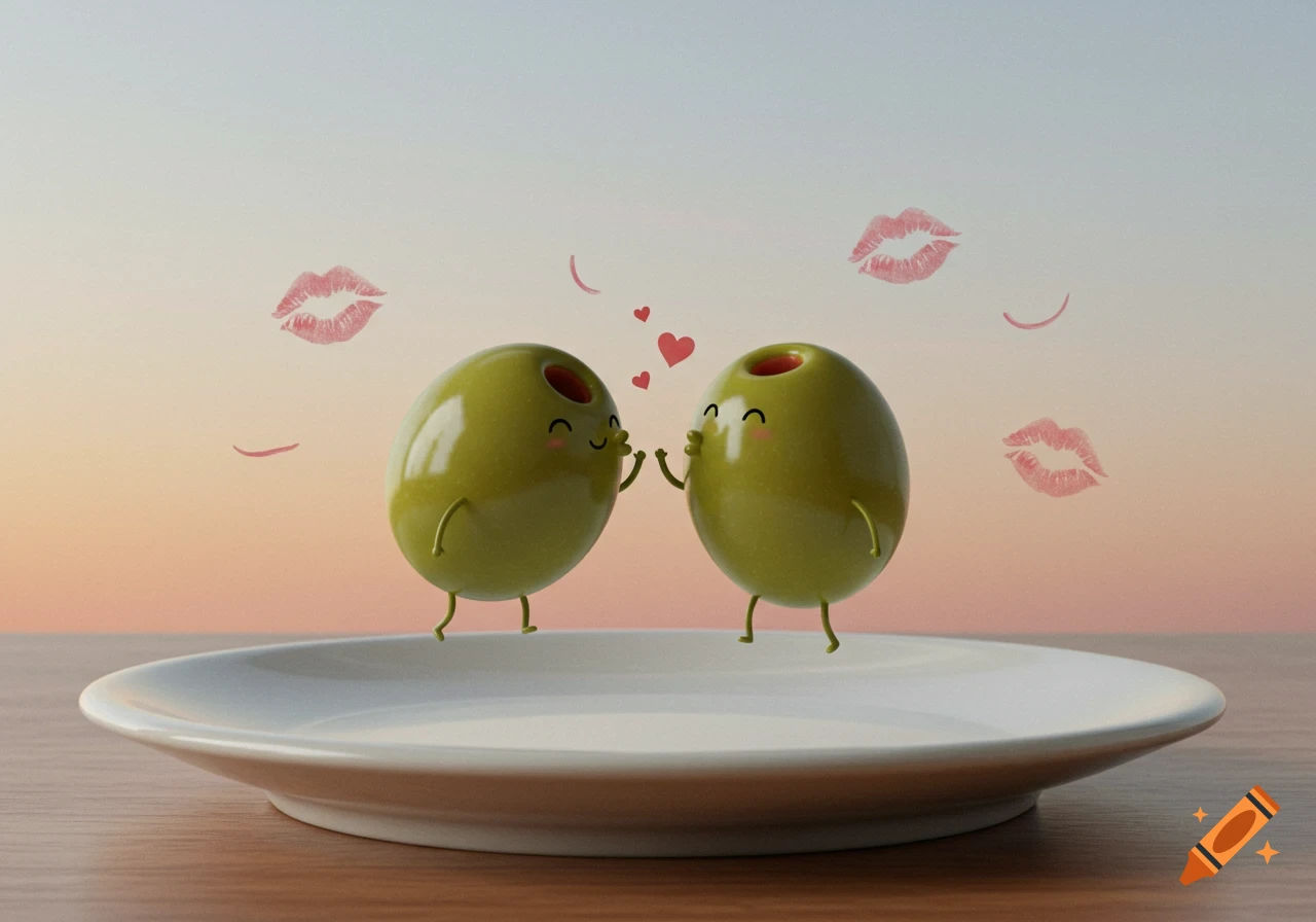Two happy cartoon olives with hearts and kiss marks above them, standing on a white plate.