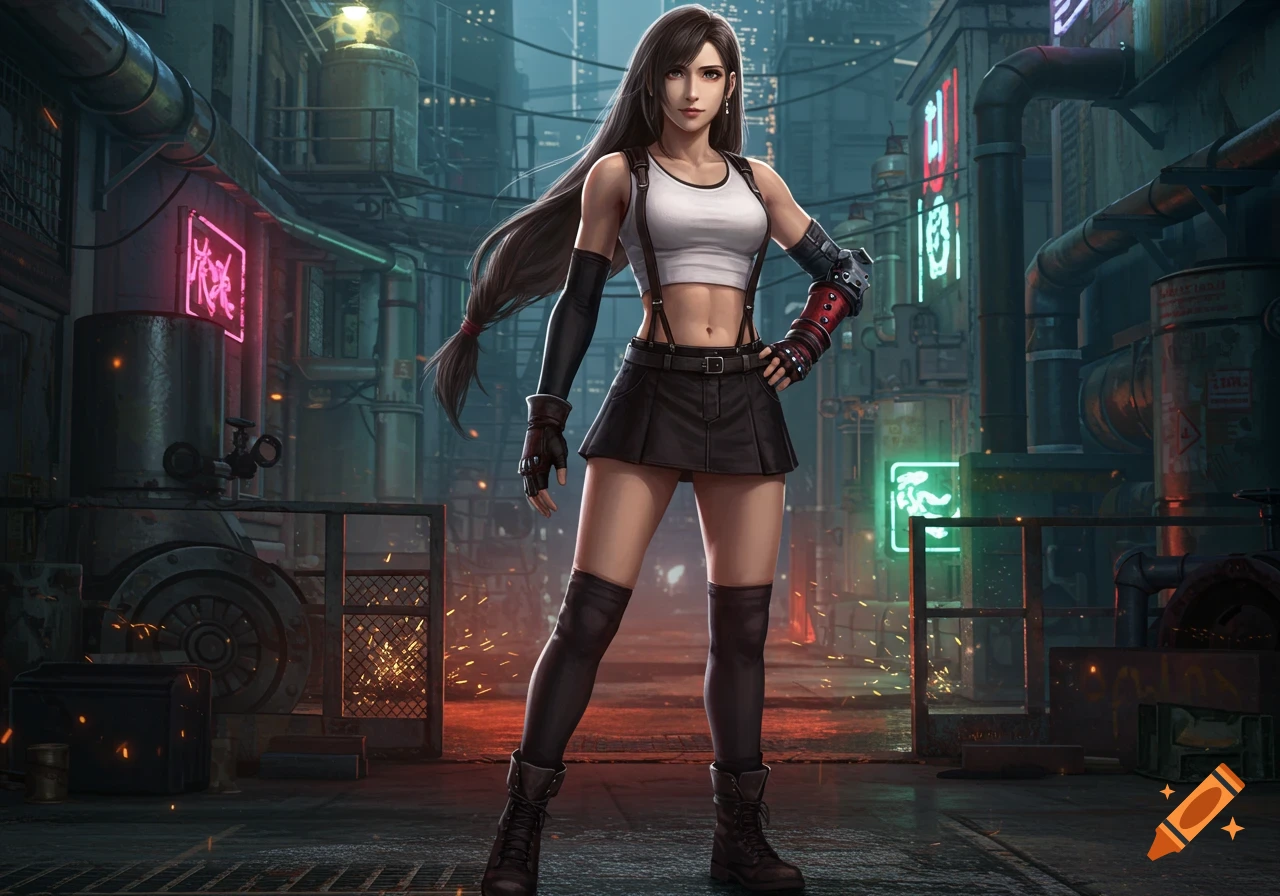 An anime-style character of Tifa Lockhart stands in an industrial, cyberpunk-like alleyway with neon signs.