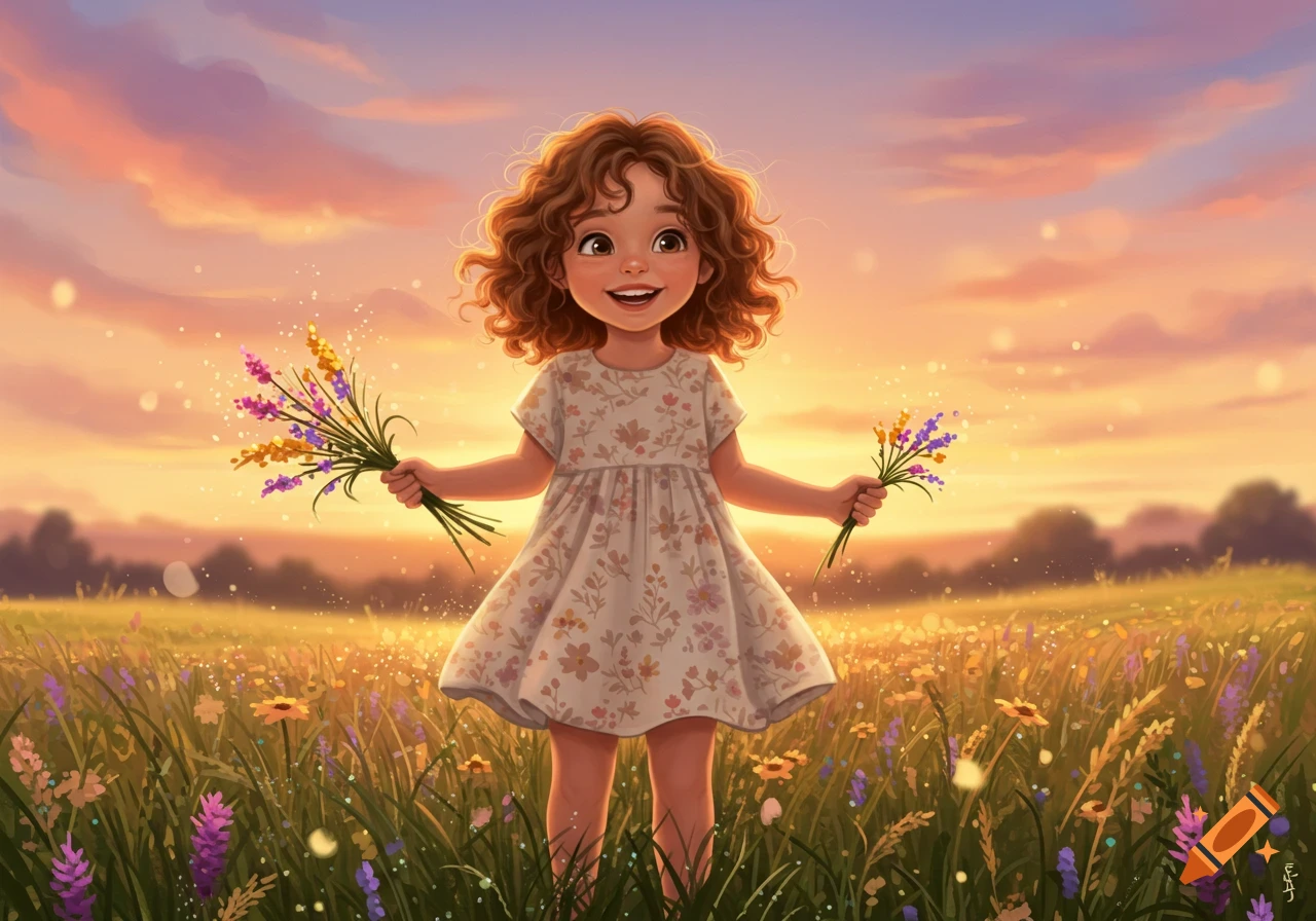 A happy little girl with curly brown hair in a floral dress stands in a vibrant field, holding wildflowers, at sunset.