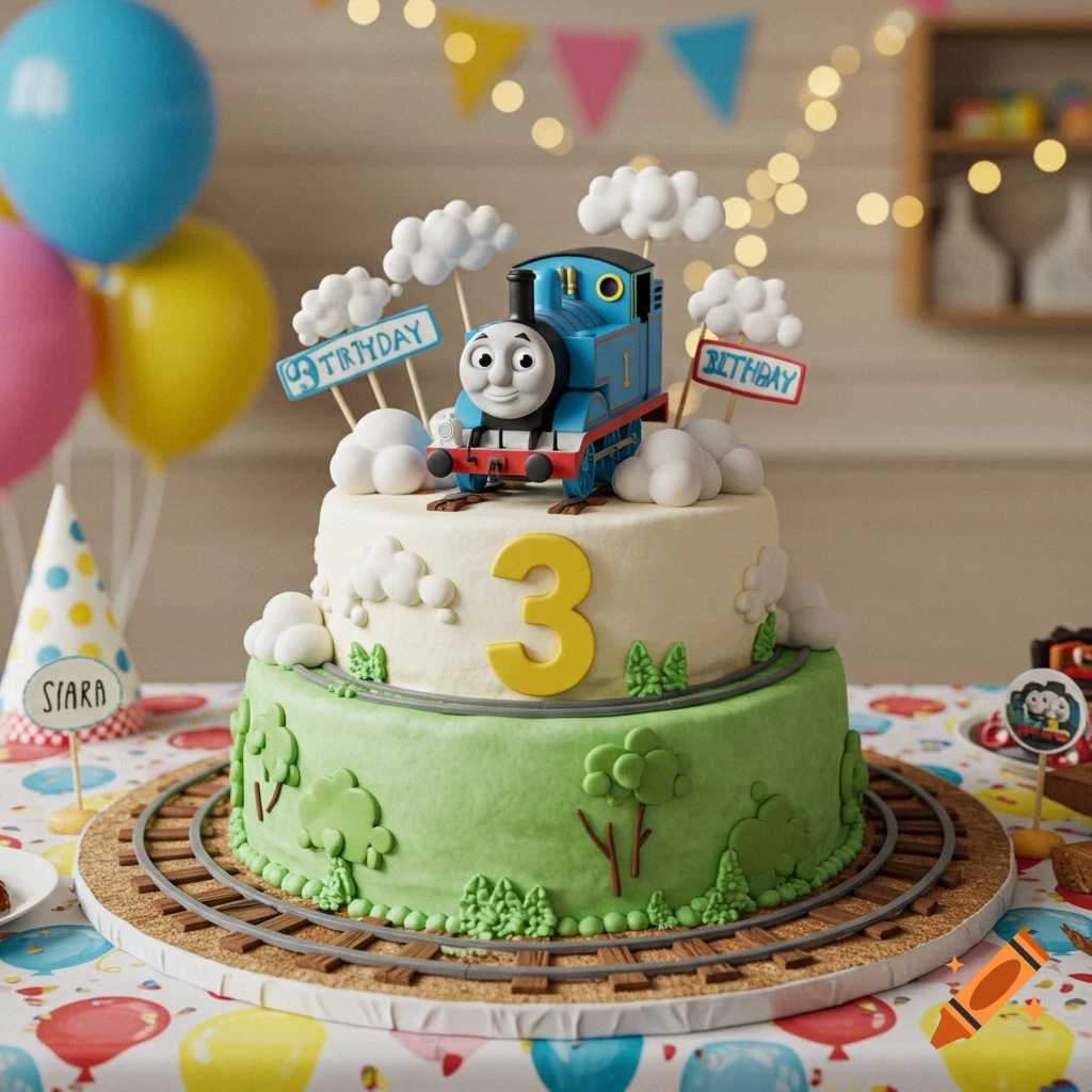 A detailed two-tier Thomas the Train birthday cake with a large number 3 and balloons, set at a children's party.