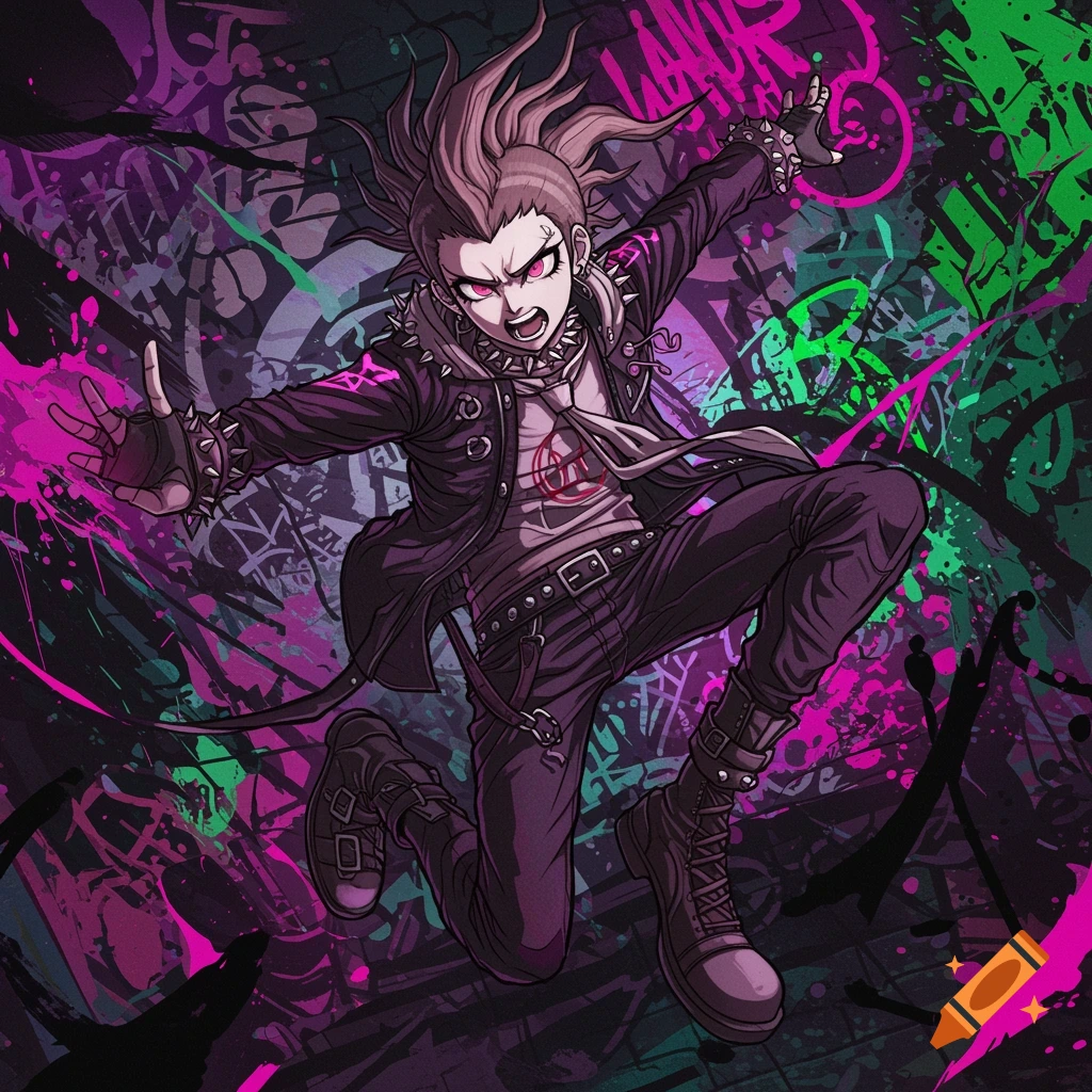Energetic anime punk character with spiky hair in studded jacket, striking a pose against vibrant magenta and green graffiti background.