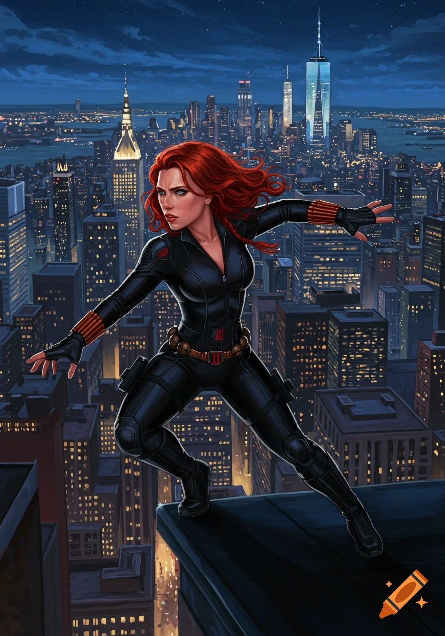 Black Widow in her black suit crouches on a rooftop overlooking a vast city skyline at night, in a digital painting style.
