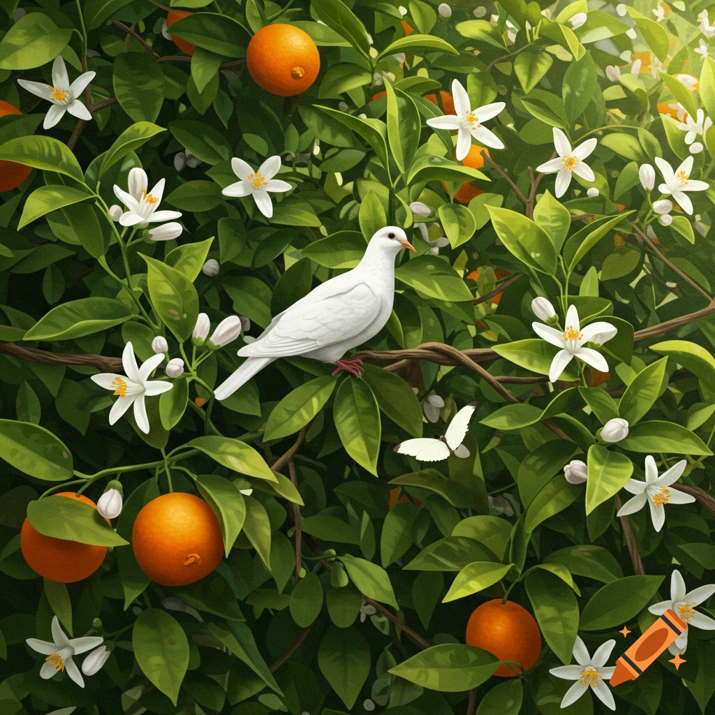 A white dove perched on a branch of an orange tree covered in green leaves, white blossoms, and ripe oranges, with a white butterfly nearby.