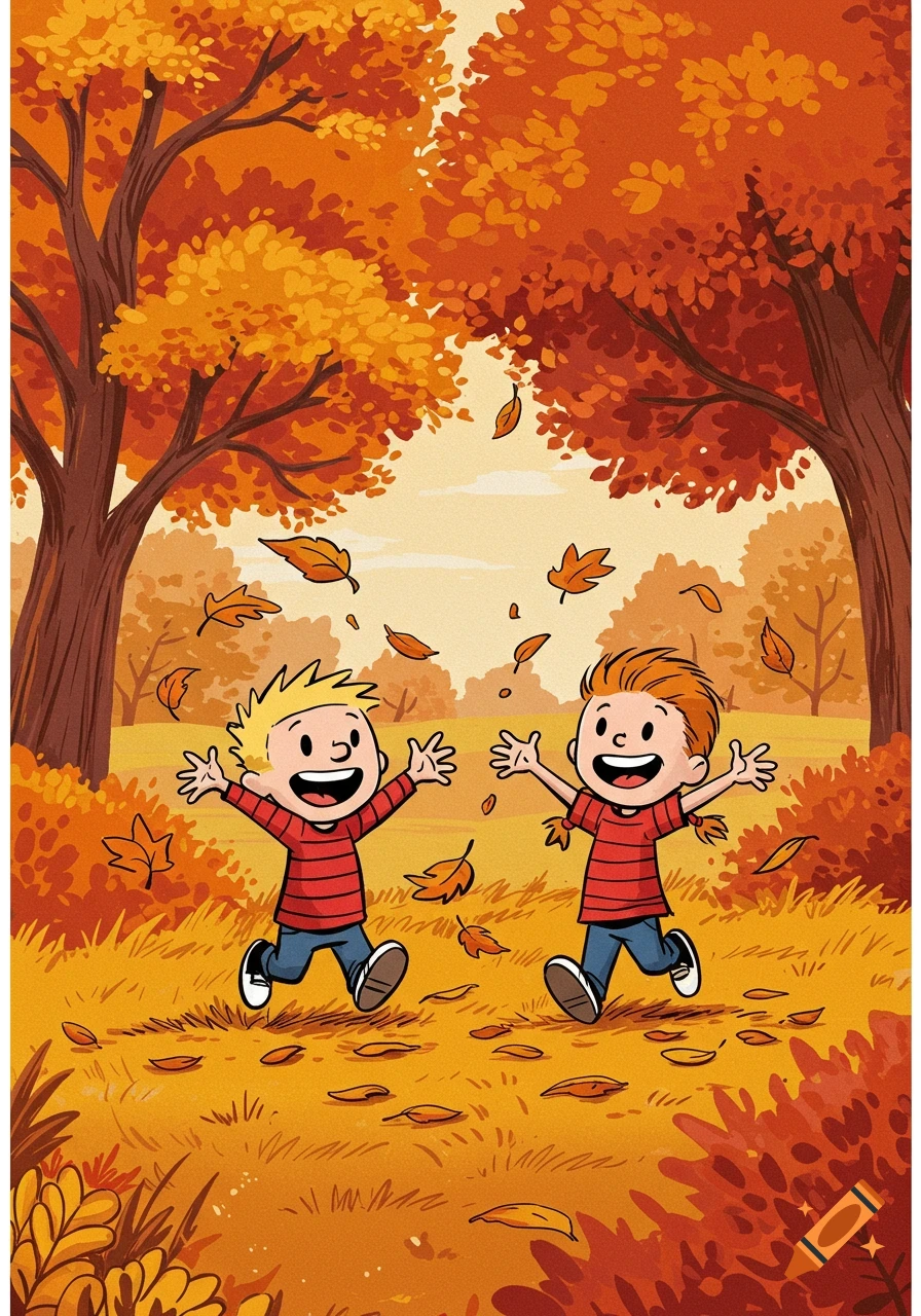 Two cartoon children with wide smiles are joyfully playing in a vibrant autumn forest, surrounded by falling orange and yellow leaves.