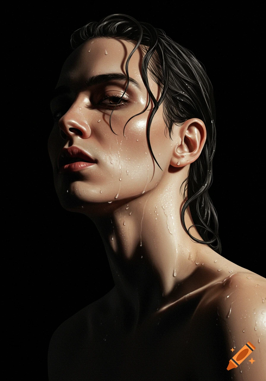 Photorealistic left profile portrait of a person with wet hair and water drops on their face and bare shoulder, lit by soft light on a black background.