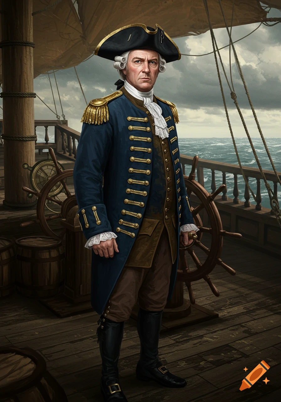A stern-faced colonial naval officer in a blue coat with gold trim stands on a ship's deck under a cloudy sky.
