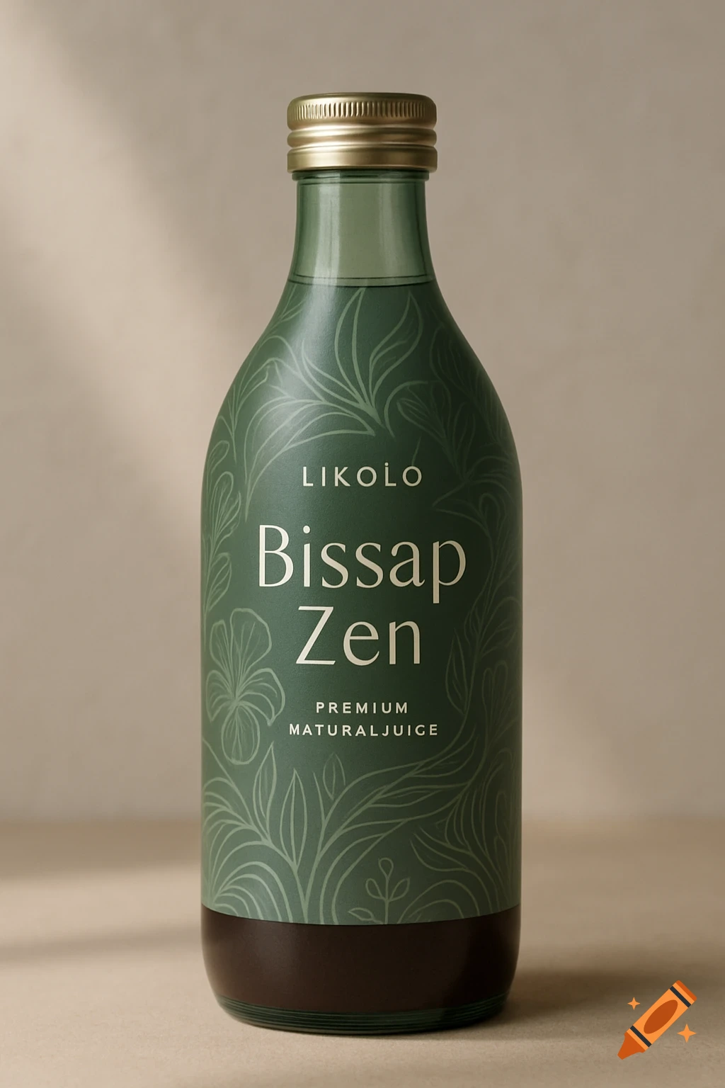 A sage green bottle of Likoló Bissap Zen juice with a gold cap, featuring botanical patterns on a neutral background. Photorealistic style.