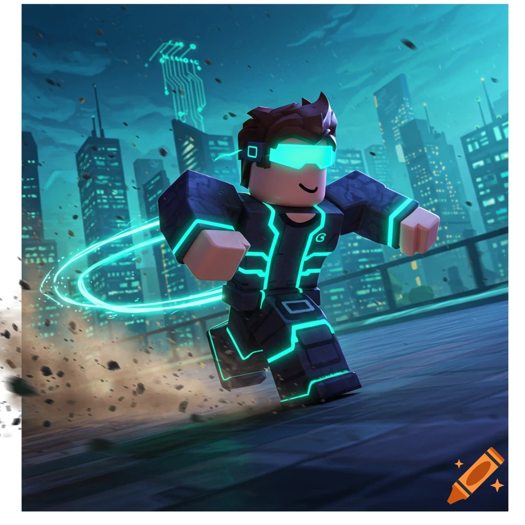 A Roblox character in a dark suit with glowing neon blue lines and visor runs through a futuristic city at night.