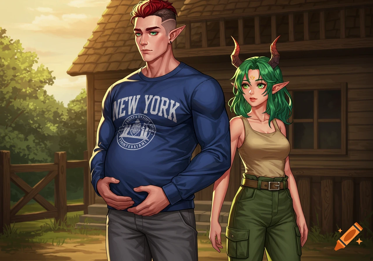 A muscular man with red hair, green eyes, and elf ears, holding his pregnant belly. He wears a blue 'NEW YORK' sweatshirt and gray pants. Beside him is a green-haired elf woman with horns, green eyes, wearing a tan tank top and green cargo pants. They stand outdoors in front of a rustic farm building.