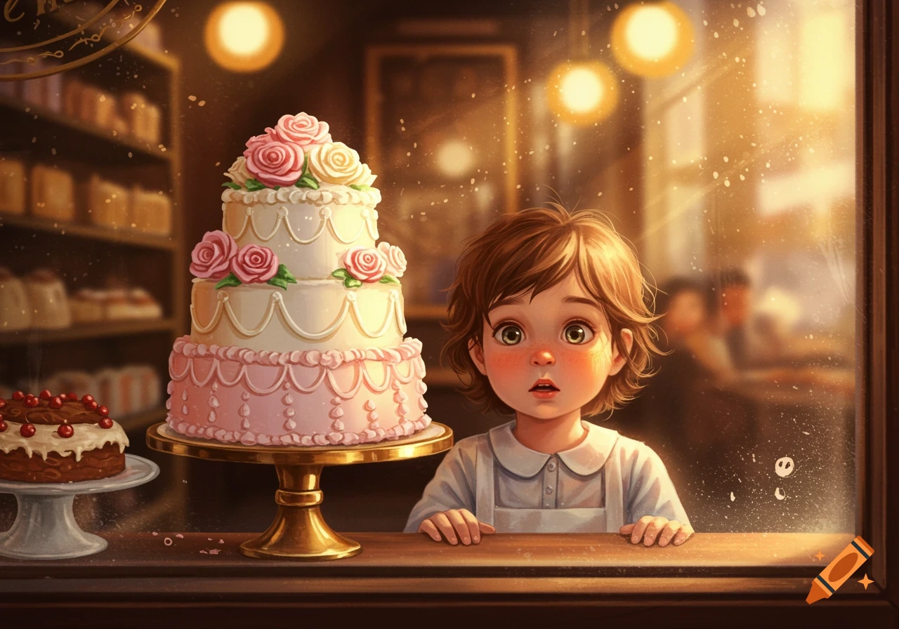 A whimsical illustration shows a wide-eyed child looking through a bakery window at a large, pink and white tiered cake decorated with roses.