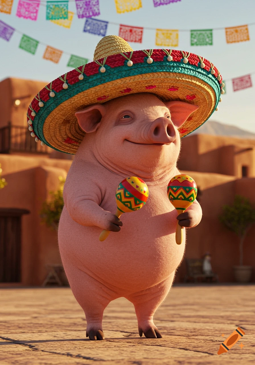 A smiling cartoon pig wearing a large sombrero and holding two maracas stands in a sunny village square with colorful banners.