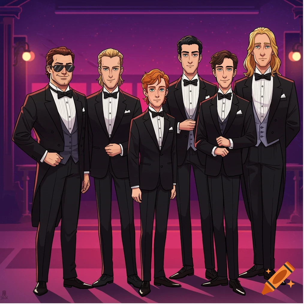 Six cartoon men in black tuxedos and bow ties standing in a line in a purple-lit room.