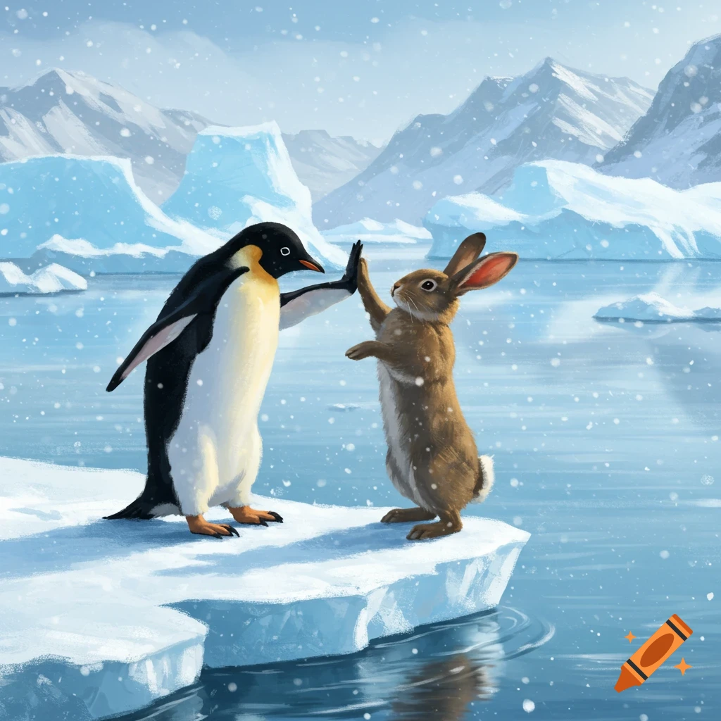 An illustration of a penguin and a brown rabbit high-fiving on an ice floe in a snowy arctic landscape.