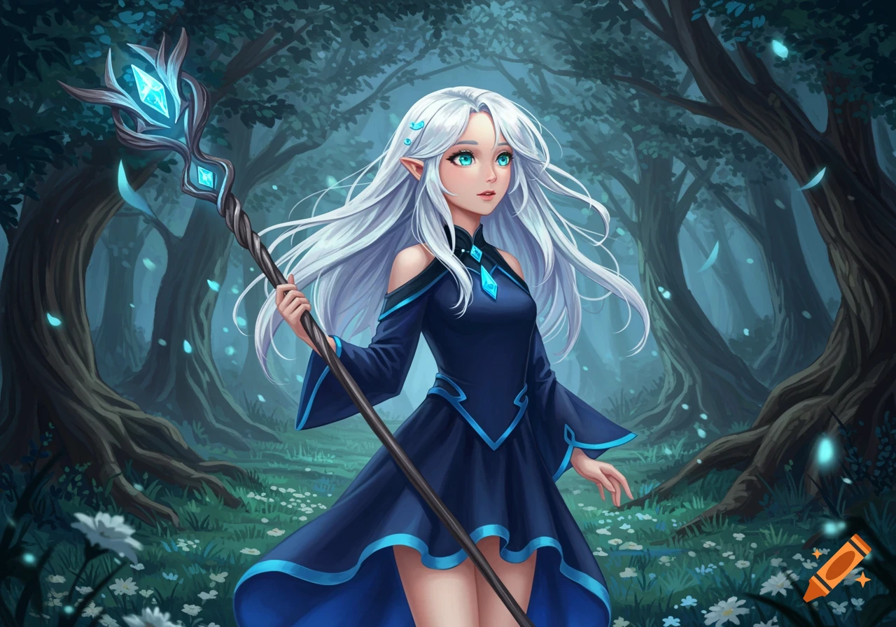 A blue-eyed, white-haired fantasy girl in a blue dress holds a glowing magic staff in a dark forest with blue and white flowers.