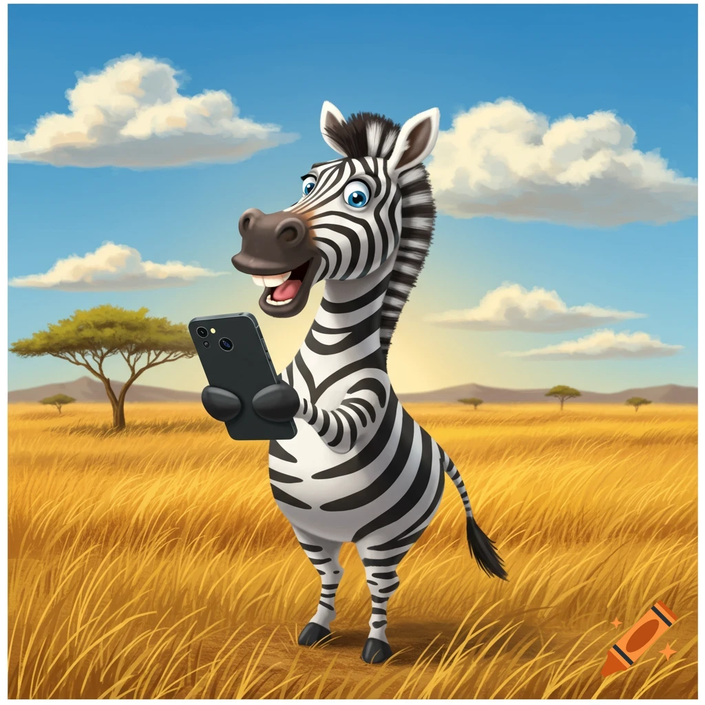 A smiling cartoon zebra holding a black smartphone in a golden savanna landscape under a blue sky with clouds.