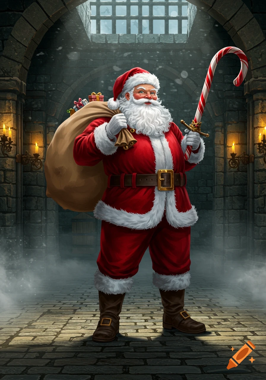 Santa Claus with a bag of presents and a candy cane sword stands in a dark stone dungeon with candles.