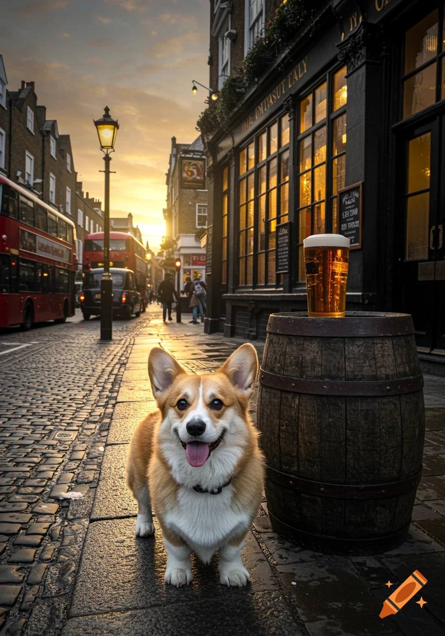 A happy Corgi dog on a wet cobblestone street in London, with a traditional pub and red double-decker buses in the background. A pint of beer sits on a barrel.