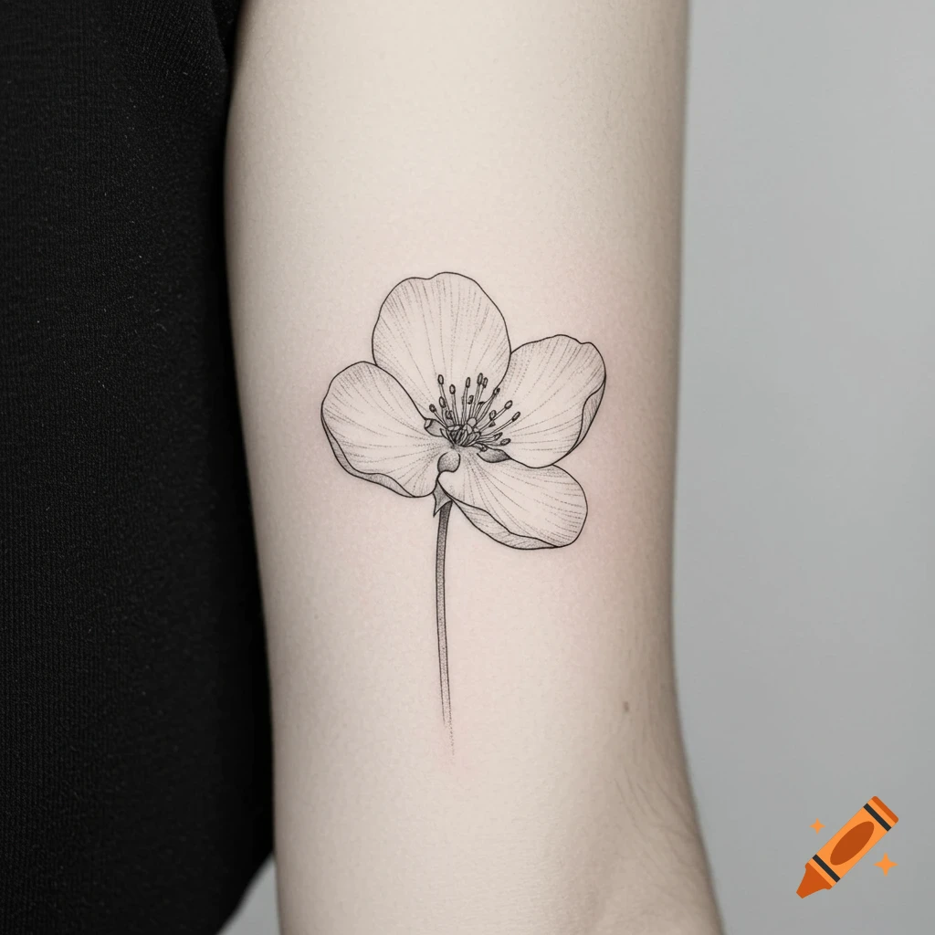 Black and white line art tattoo of a five-petaled flower with a long stem on a person's arm.