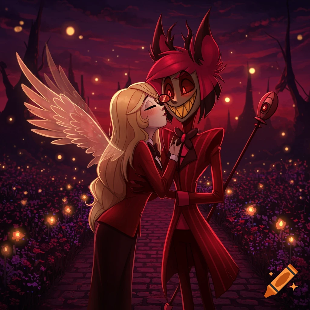 Charlie Morningstar kisses Alastor's cheek on a dark, mystical path filled with glowing red and purple flowers under a twilight sky, in a cartoon style.