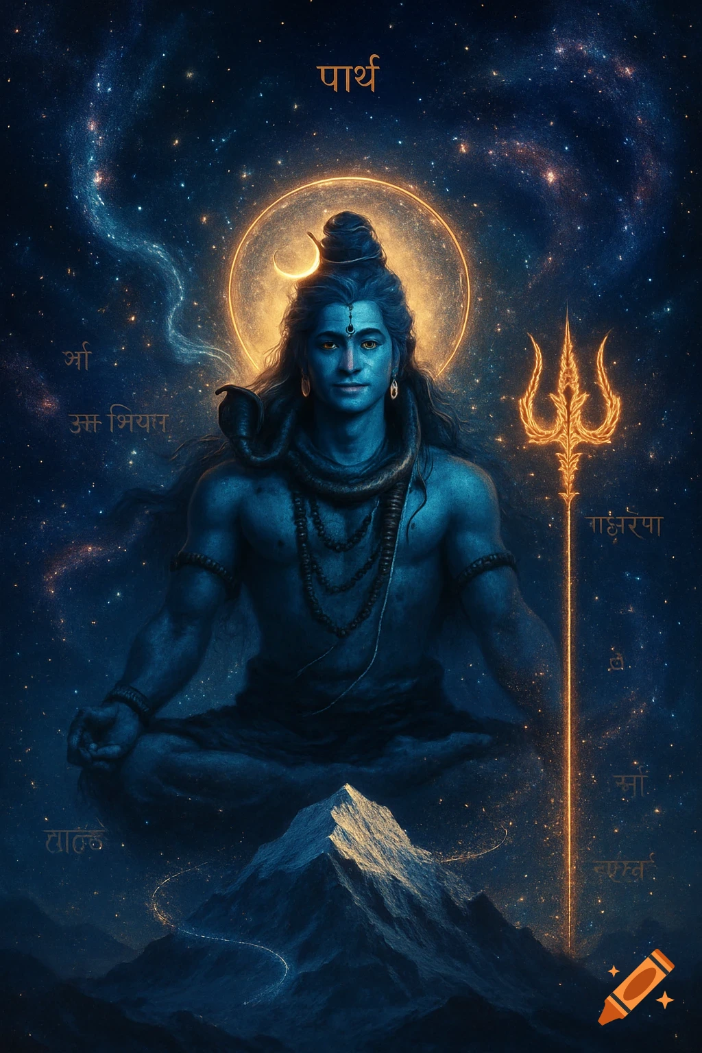 A cosmic depiction of Lord Shiva meditating on a mountain, glowing with a divine aura and surrounded by stars and galaxies, with a crescent moon above his head and a golden trident beside him.