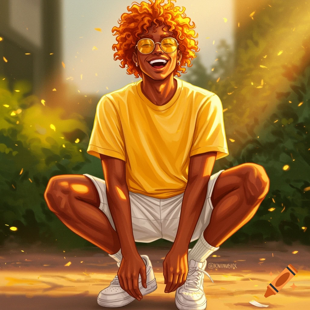 A smiling person with orange curly hair and yellow sunglasses, wearing a yellow t-shirt, white shorts, and white sneakers, squats outdoors.