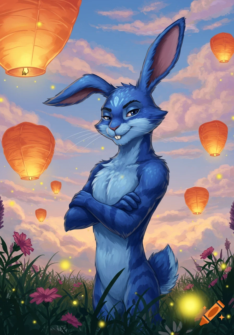 An anthropomorphic blue rabbit with a smug expression stands in a field of flowers under a twilight sky with glowing orange lanterns.