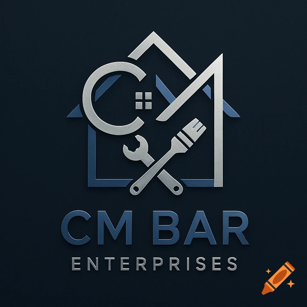 Metallic grey and blue logo for CM Bar Enterprises, featuring a house outline, C and M letters, a wrench, and a paintbrush.