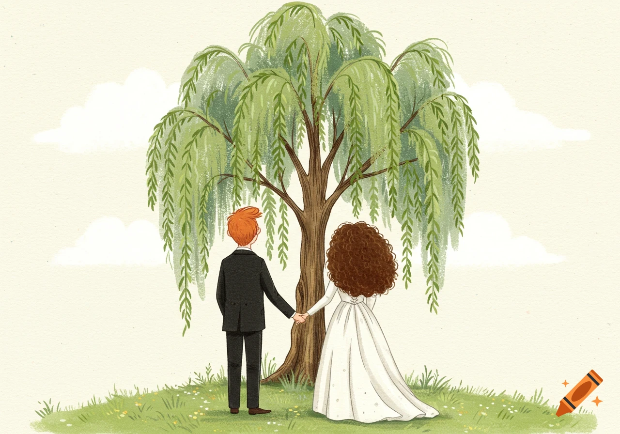 A cartoon couple with red hair and curly brown hair holding hands, their backs turned to the viewer, looking at a willow tree in a field.