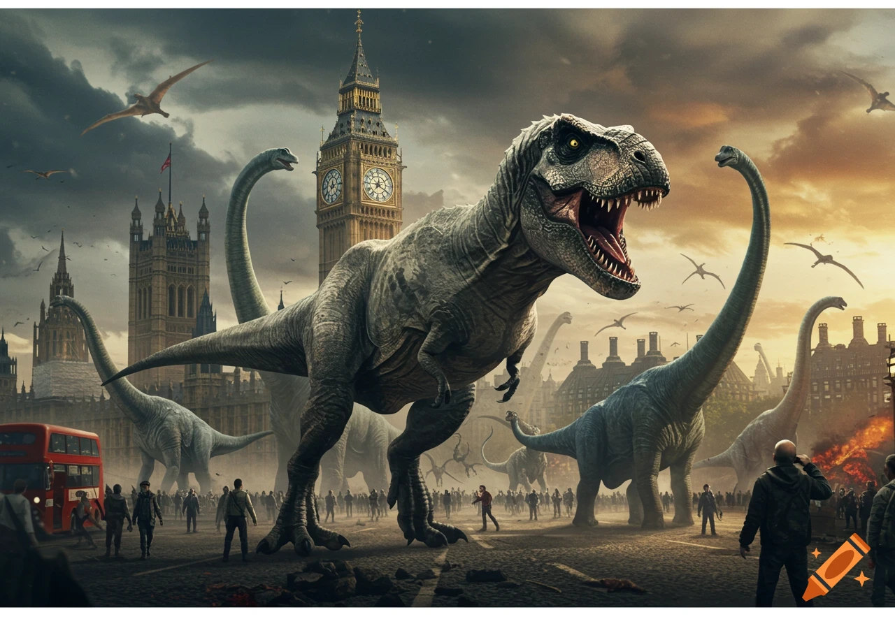 Photorealistic image of dinosaurs, including a T-Rex and long-necked sauropods, roaming through the streets of London with Big Ben visible.