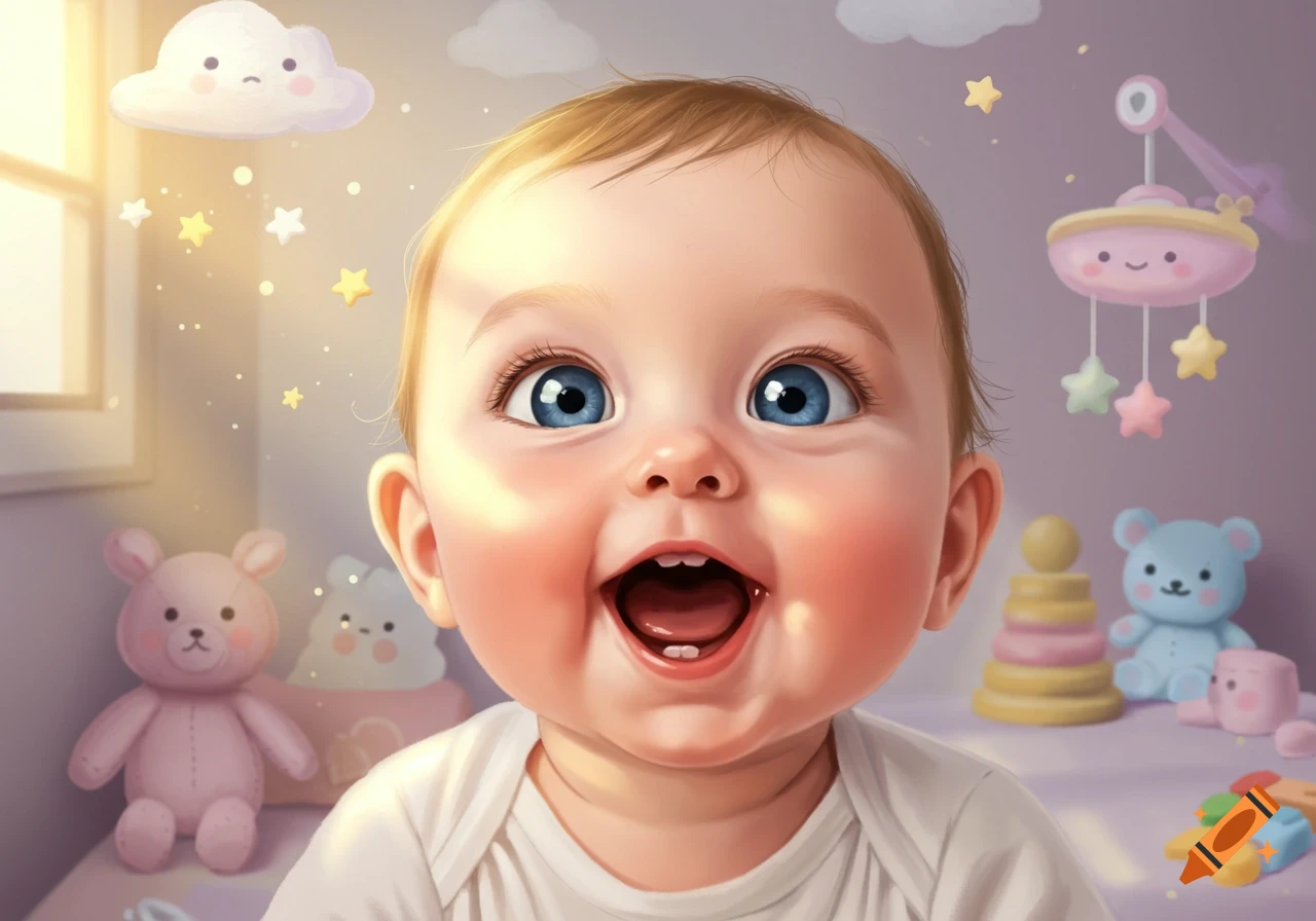 A close-up illustration of a happy baby with wide blue eyes and an open mouth, surrounded by colorful nursery toys.