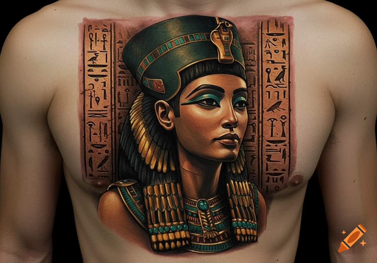 A photorealistic tattoo of Cleopatra in elaborate green and gold regalia on a person's chest, flanked by columns of hieroglyph-like symbols.