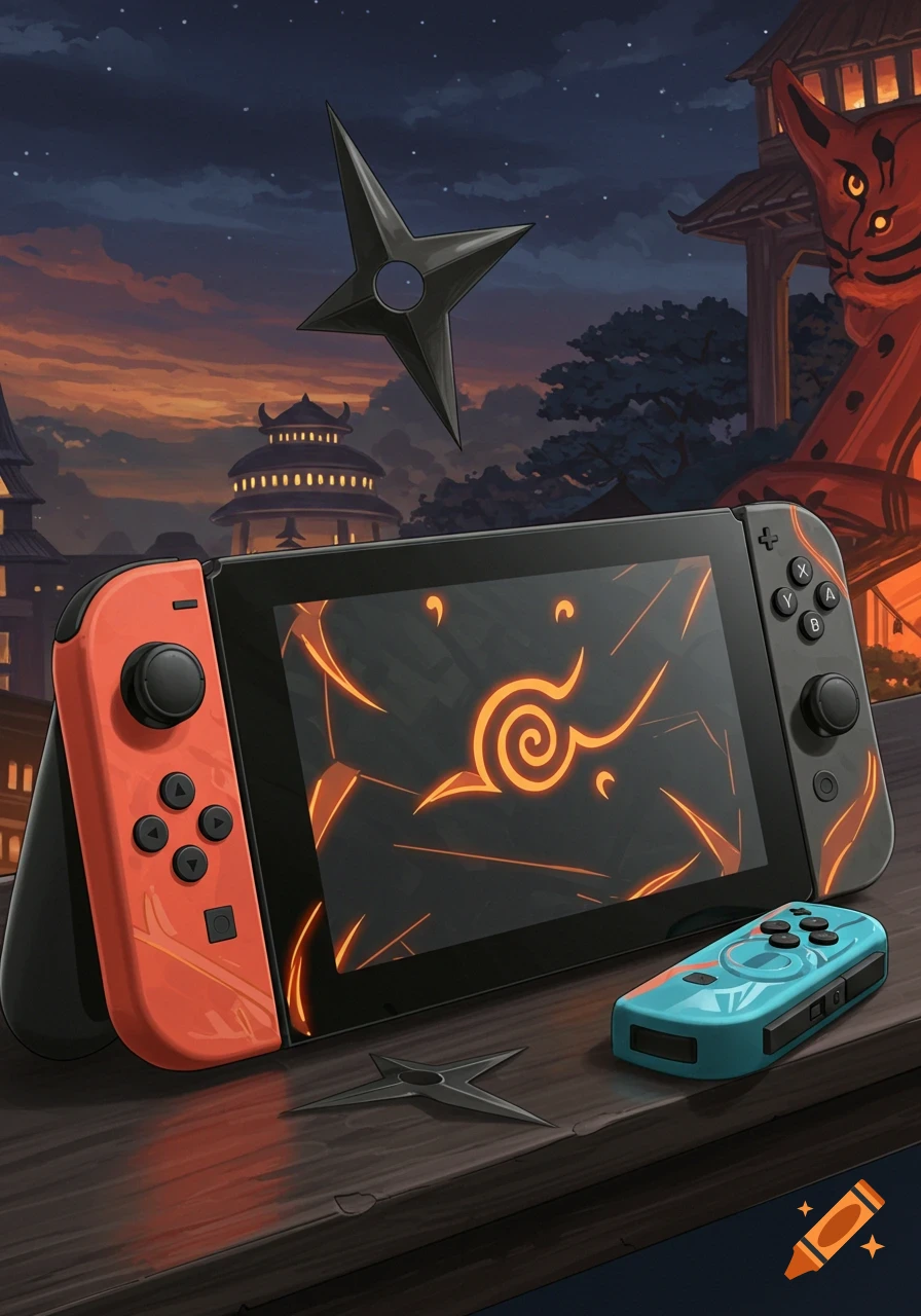 A Naruto-themed Nintendo Switch with glowing orange symbols on its screen and orange Joy-Cons, displayed on a wooden table with shurikens and a blue controller, against a village backdrop with a large red cat statue.