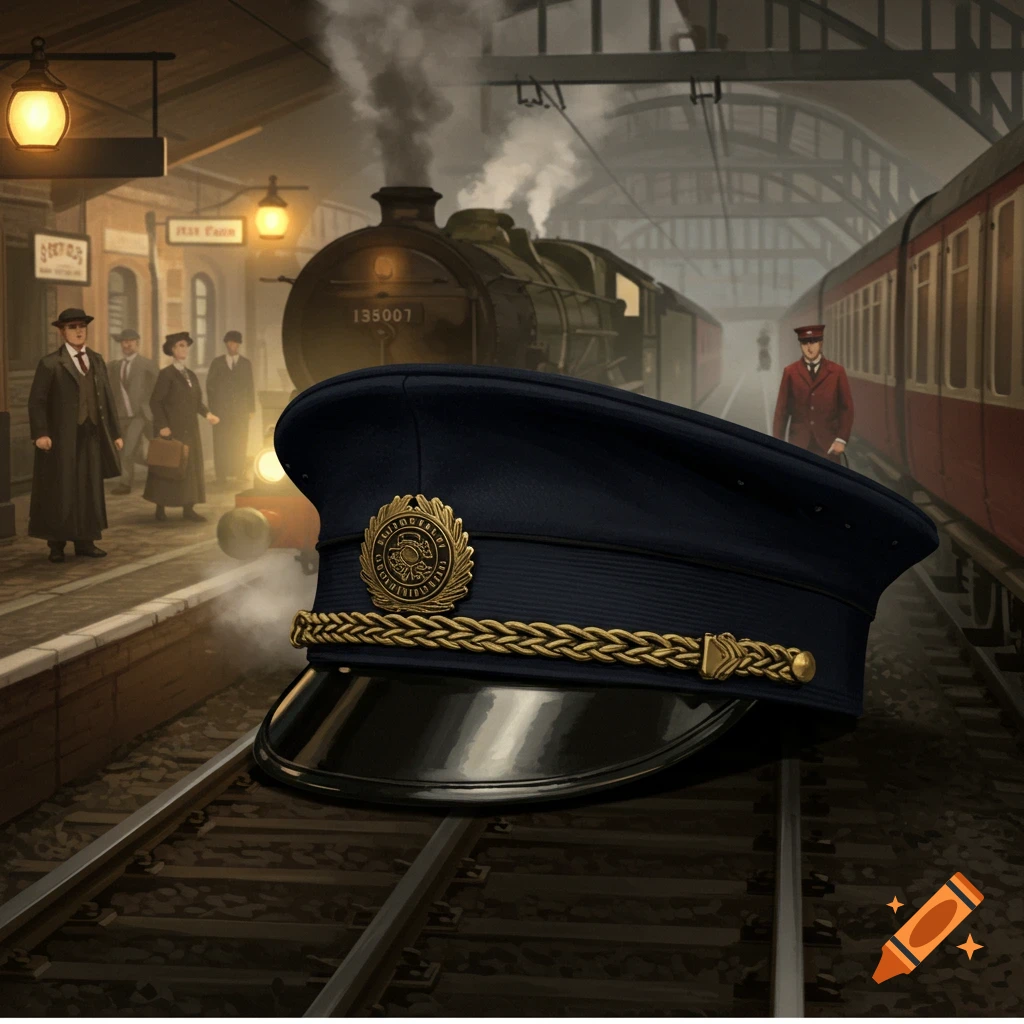 A large, dark blue station master's cap with a gold emblem and braid is in the foreground, with a vintage steam train at a station platform with passengers and staff in the background.