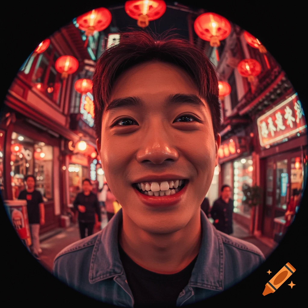 Close-up, fisheye view of a smiling young man with crooked teeth on a red-lit street at night.