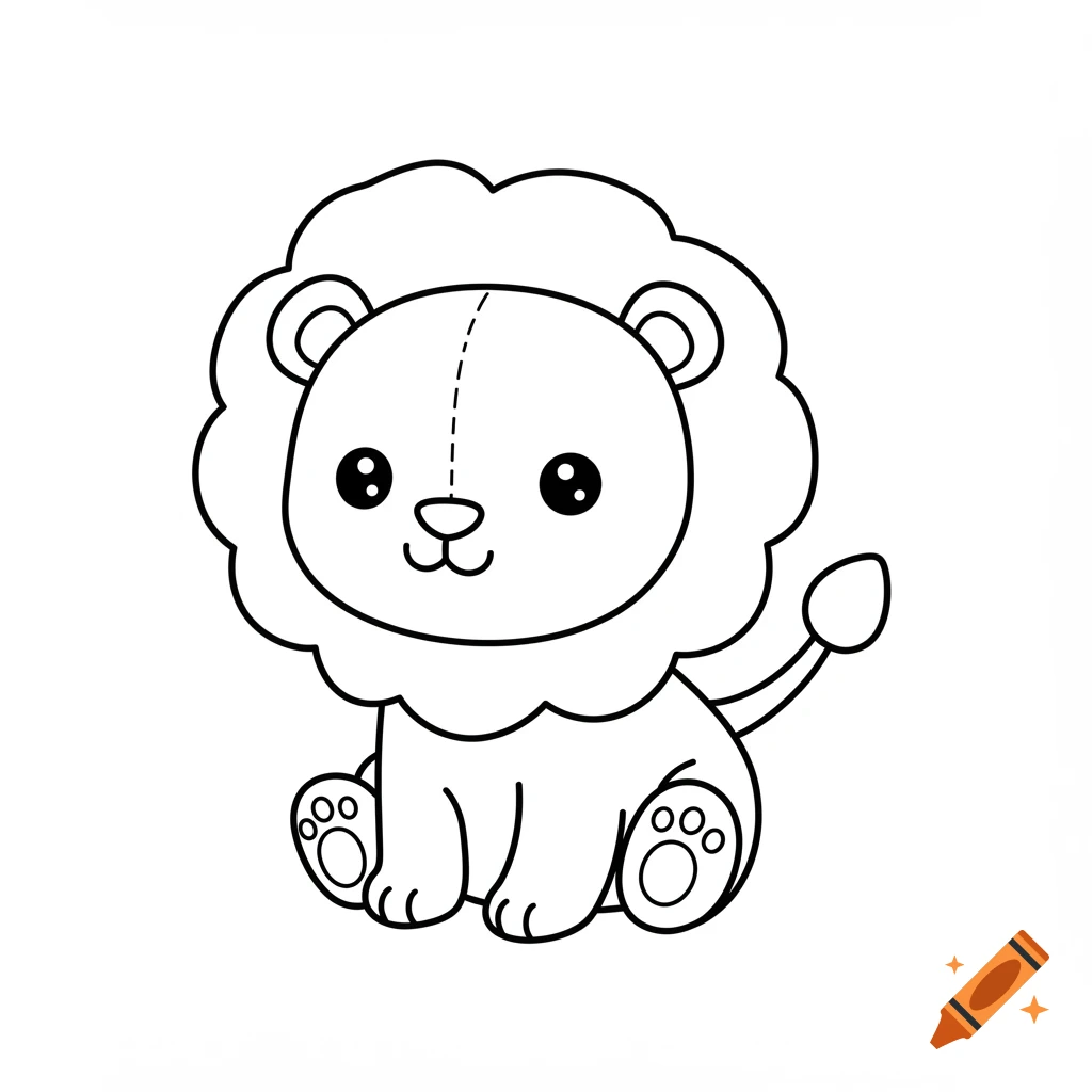 A cute, minimalist black and white cartoon lion sitting.