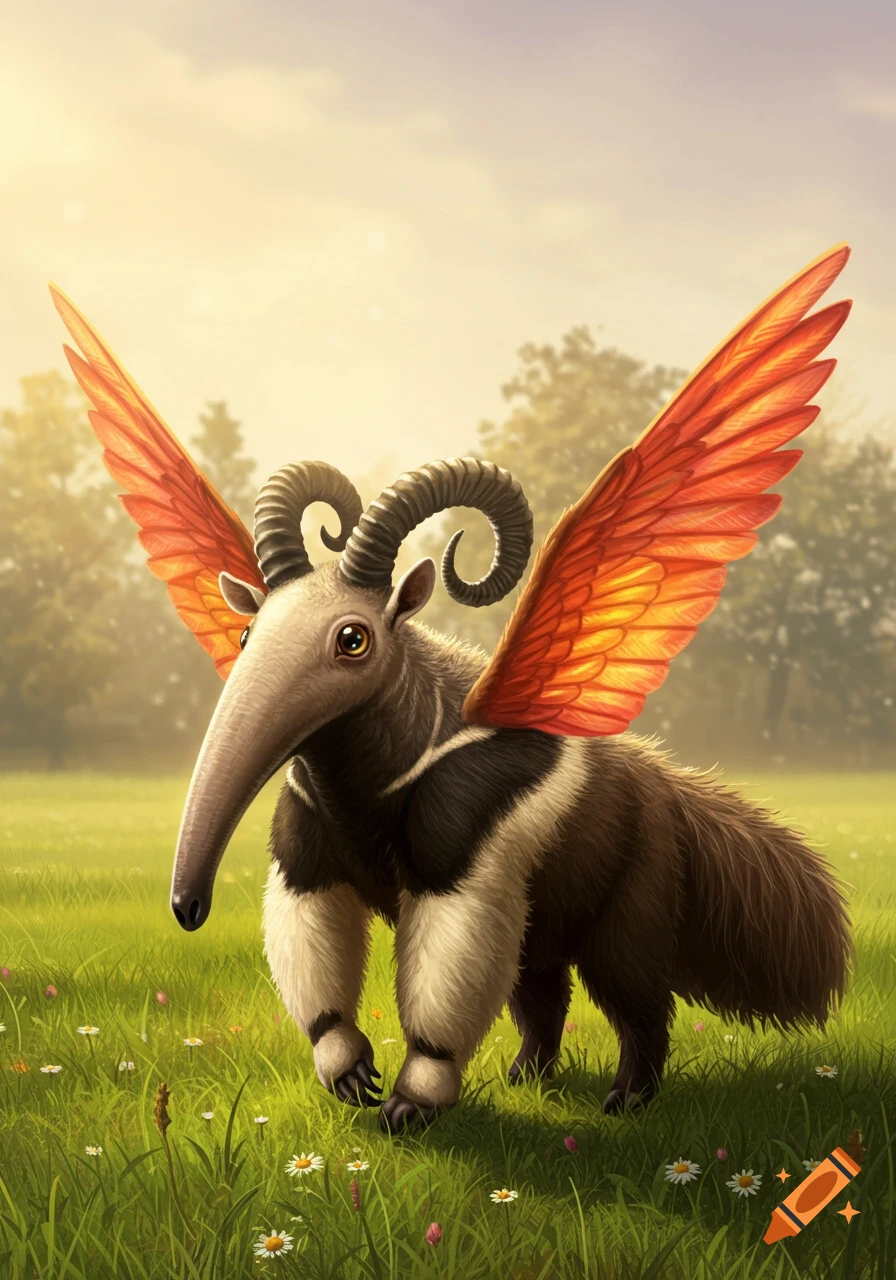 A fantastical anteater-goat-chicken hybrid with orange wings and ram horns stands in a sunny, grassy field.