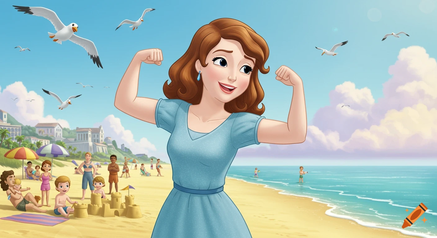 A cartoon woman in a blue dress flexes her arms on a sunny beach, with people and sandcastles nearby and seagulls flying in the sky.